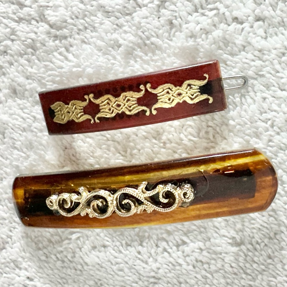 Vintage Brown & Gold Hair Barrettes - Picture 7 of 11
